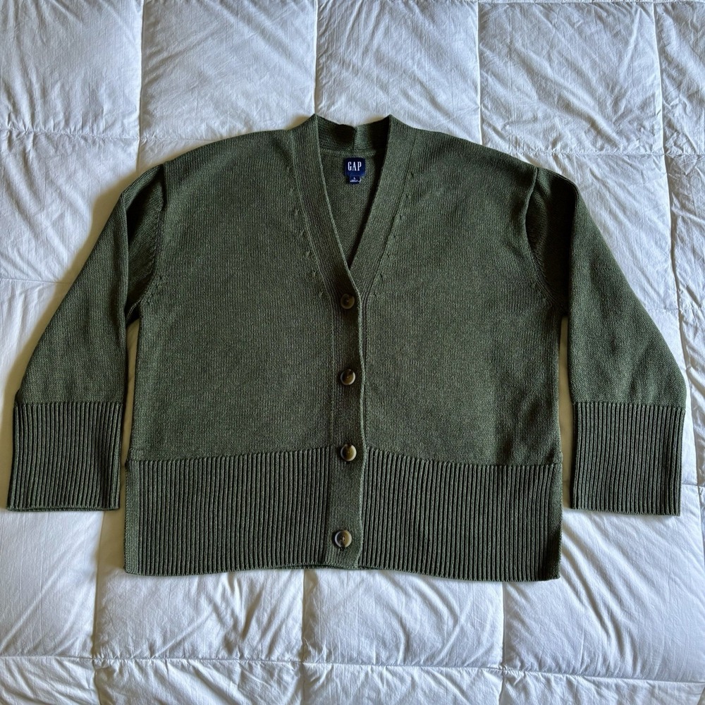 Gap 24/7 Split Hem Cardigan Olive "Deep Depth" Green Women's L Grandpacore EUC - Picture 3 of 13